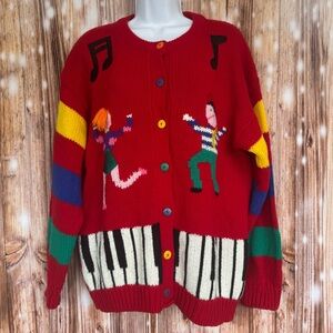 Lord and Taylor Young American Red School Music Teacher Piano Button Up Sweater